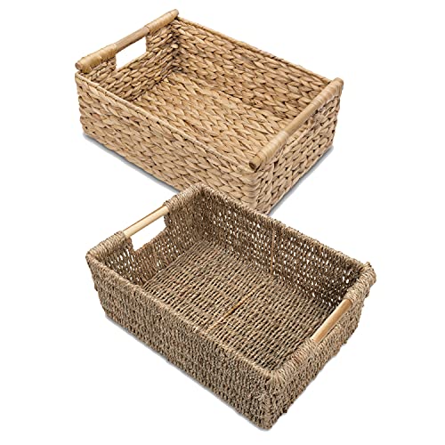 Large Water Hyacinth And Seagrass Basket Storage Wicker Basket Rectangular with Wooden Handles for Shelves