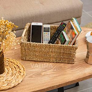 Large Water Hyacinth And Seagrass Basket Storage Wicker Basket Rectangular with Wooden Handles for Shelves