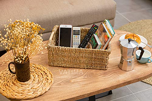 Large Water Hyacinth And Seagrass Basket Storage Wicker Basket Rectangular with Wooden Handles for Shelves