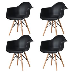 kotek dining chairs set of 4, mid century modern dsw arm chair w/solid wood legs & soft cushion, plastic shell side chairs for dining room, living room, kitchen (black)