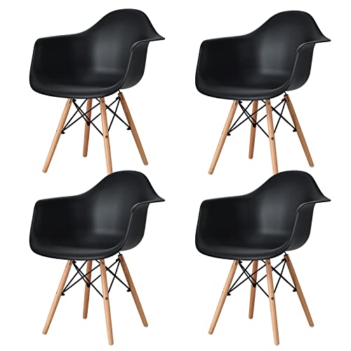 KOTEK Dining Chairs Set of 4, Mid Century Modern DSW Arm Chair w/Solid Wood Legs & Soft Cushion, Plastic Shell Side Chairs for Dining Room, Living Room, Kitchen (Black)