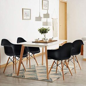 KOTEK Dining Chairs Set of 4, Mid Century Modern DSW Arm Chair w/Solid Wood Legs & Soft Cushion, Plastic Shell Side Chairs for Dining Room, Living Room, Kitchen (Black)