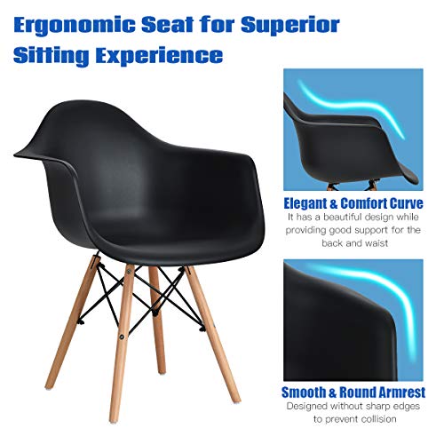 KOTEK Dining Chairs Set of 4, Mid Century Modern DSW Arm Chair w/Solid Wood Legs & Soft Cushion, Plastic Shell Side Chairs for Dining Room, Living Room, Kitchen (Black)