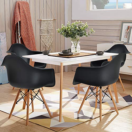 KOTEK Dining Chairs Set of 4, Mid Century Modern DSW Arm Chair w/Solid Wood Legs & Soft Cushion, Plastic Shell Side Chairs for Dining Room, Living Room, Kitchen (Black)
