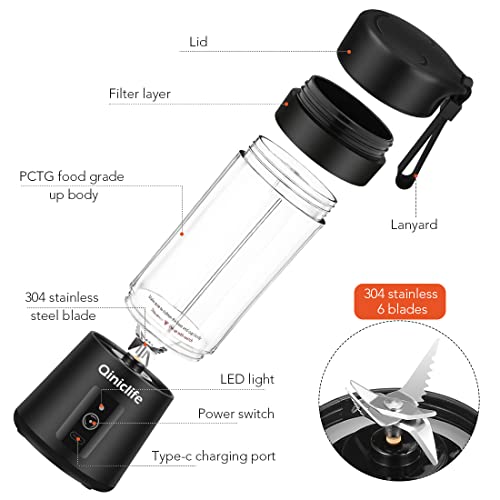 Portable Blender,Travel Blender,Mini Blender,Personal Mixer Fruit Rechargeable with USB,380ml,Fruit Juice for Great Mixing(Black)