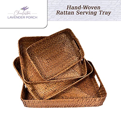 CHARLESTON LAVENDER PORCH Rattan Serving Tray Hand-Woven Rectangle with Handles | Naturally Beautiful Display for Breakfast, Snacks, Tea, Coffee Table or Ottoman | Genuine High Wall Wicker Basket