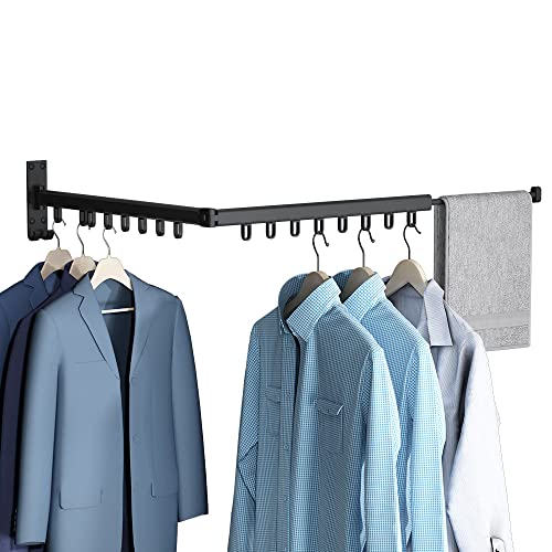 GANCHUN Wall Mounted Space-Saver Clothes Hanger, Clothes Drying Rack, Retractable Folded with Towel Bar,Strong Load-Bearing Easy Installation Design, Balcony, Mudroom, Laundry, Bedroom