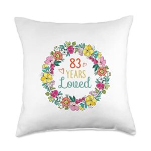 flowers design gifts for 83 years old women, men 83 years loved cool flowers pattern grandma 83rd birthday throw pillow, 18x18, multicolor