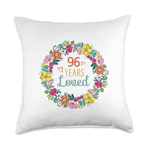 flowers design gifts for 96 years old women, men 96 years loved cool flowers pattern grandma 96th birthday throw pillow, 18x18, multicolor