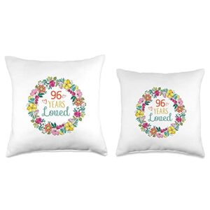 Flowers Design Gifts for 96 Years Old Women, Men 96 Years Loved Cool Flowers Pattern Grandma 96th Birthday Throw Pillow, 18x18, Multicolor