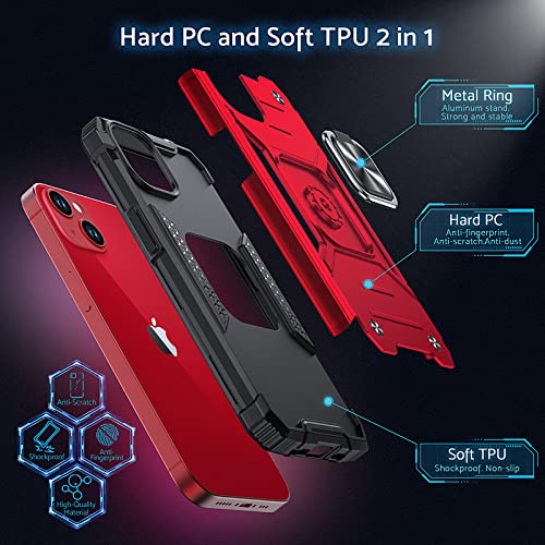 Anqrp Designed for iPhone 13 Case, Military Grade Protective Phone Case Cover with Enhanced Metal Ring Kickstand [Support Magnet Mount] Compatible with iPhone 13 6.1, Red