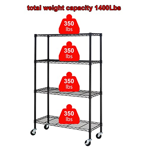 SINGAYE 4 Tier Adjustable Shelf,Heavy Duty Shelving Unit 1400Lbs Capacity with Wheels 350lbs Per Shelf Garage Shelf 36" Wx14 Dx57 H,Black