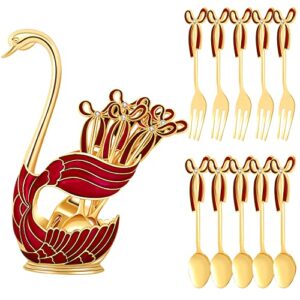 gusnilo 11pcs coffee spoon dessert fork dinnerware set,swan base holder with 5 forks and 5 spoons metal dinnerware set mini dessert spoons use for family dessert shop (red,swan)