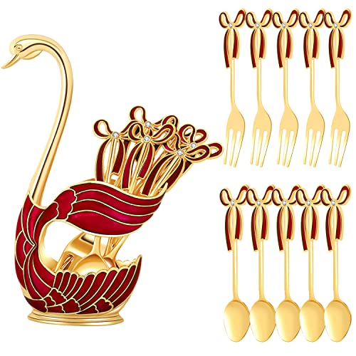 Gusnilo 11PCS Coffee Spoon Dessert Fork Dinnerware Set,Swan Base Holder with 5 Forks and 5 Spoons Metal Dinnerware Set Mini Dessert Spoons Use for Family Dessert Shop (Red,Swan)