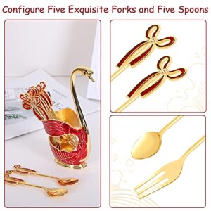 Gusnilo 11PCS Coffee Spoon Dessert Fork Dinnerware Set,Swan Base Holder with 5 Forks and 5 Spoons Metal Dinnerware Set Mini Dessert Spoons Use for Family Dessert Shop (Red,Swan)