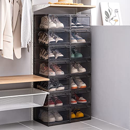 NA Shoe Boxes Clear Plastic - Stackable Sneaker Shoe Container Drop-front Shoe Display Case for Closets, Entryway Shoe Rack, Clothing Rack, Bed, Easy Assembly (3PCS)