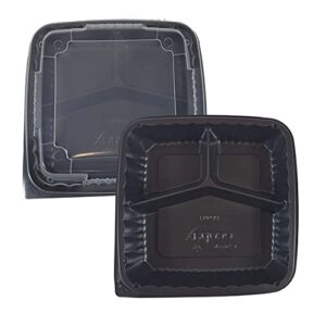 ecopax 75 Sets PP Pebble Box Serving Tray and Vented Lid, Food Container (9x9 3 Compartment) Lunch Box, Food Container, Black