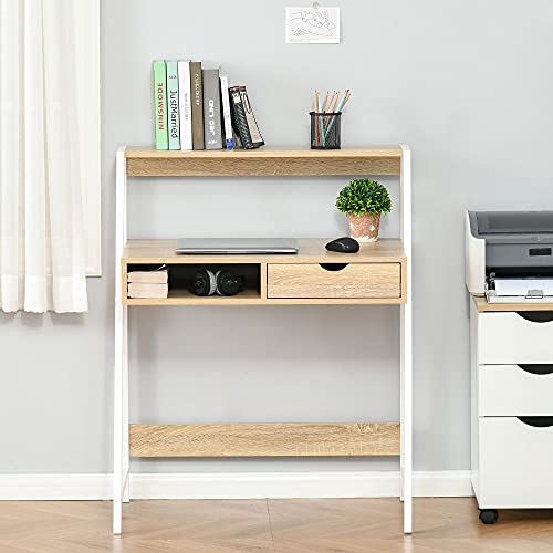 HOMCOM Home Office Desk, Computer Desk for Small Spaces, Writing Table with Drawer and Storage Shelves, Natural