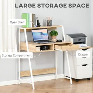 HOMCOM Home Office Desk, Computer Desk for Small Spaces, Writing Table with Drawer and Storage Shelves, Natural