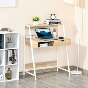 HOMCOM Home Office Desk, Computer Desk for Small Spaces, Writing Table with Drawer and Storage Shelves, Natural