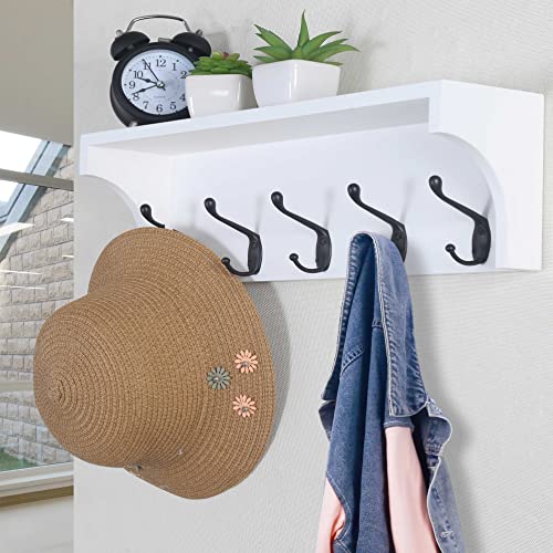 Dseap Wall Shelf with 5 Dual Hooks - 17-inch Heavy Duty Coat Rack Wall Mount with Shelf, Entryway Shelf with Hooks Underneath - Solid Pine Wood - for Entryway, Mudroom, Kitchen, Bathroom, White TEG02B