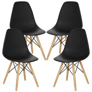 kotek mid century modern dining chairs set of 4, dsw chairs plastic shell chairs with wood legs, armless side chairs for dining room, living room, kitchen (black)