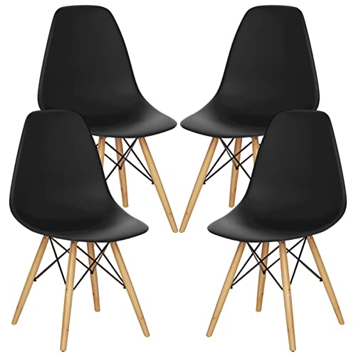 KOTEK Mid Century Modern Dining Chairs Set of 4, DSW Chairs Plastic Shell Chairs with Wood Legs, Armless Side Chairs for Dining Room, Living Room, Kitchen (Black)