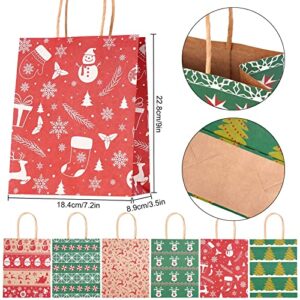 NEWBEA 24Pcs Christmas Gift Bags with Handle Holiday Gift Bags 9x7.2x3.5 inch Xmas Kraft Gift Bags 6 Patterns Design for Christmas Holiday Party