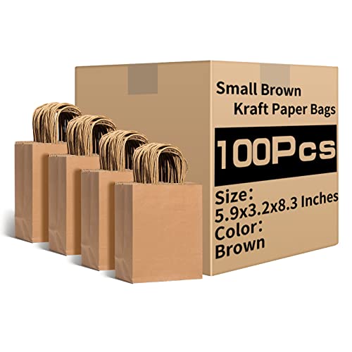 RACETOP Small Brown Kraft Paper Bags with Handles Bulk, 5.9"x3.2"x8.3" 100Pcs Small Brown Gift Bags, Mini Paper Bags, Gift Bags Bulk, Goodie Bag, Retail Bags, Gift Wrap Bags, Shopping Bags