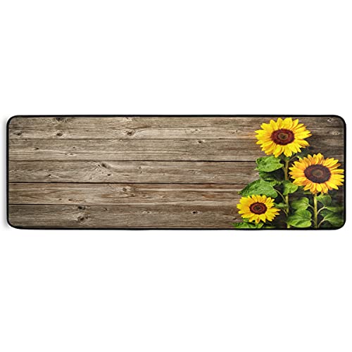 Farmhouse Theme Sunflowers Laundry Room Runner Rug Wooden Board Background Mat Washable Non-Slip Soft Floor Carpet Extra Long Hallway Doormat 72" X 24"