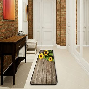 Farmhouse Theme Sunflowers Laundry Room Runner Rug Wooden Board Background Mat Washable Non-Slip Soft Floor Carpet Extra Long Hallway Doormat 72" X 24"