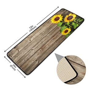 Farmhouse Theme Sunflowers Laundry Room Runner Rug Wooden Board Background Mat Washable Non-Slip Soft Floor Carpet Extra Long Hallway Doormat 72" X 24"