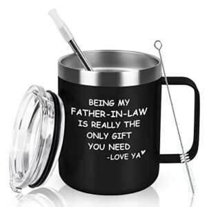 gingprous being my father-in-law stainless steel coffee mug, father's day, birthday, christmas gift for father in law, dad, father, step dad, daddy, insulated coffee mug with lid and handle, black