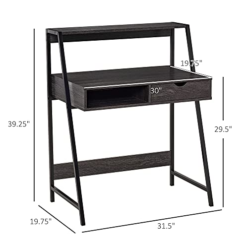 HOMCOM Home Office Desk, Computer Desk for Small Spaces, Writing Table with Drawer and Storage Shelves, Grey