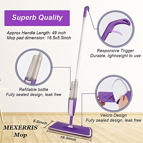 Spray Mop for Floor Cleaning - MEXERRIS Floor Mop with Spray 360°Rotatable with 2 Refillable Bottle 3 Mop Pads Wet Dry Microfiber Mop Floor Cleaning Mop for Hardwood Laminate Wood Tiles