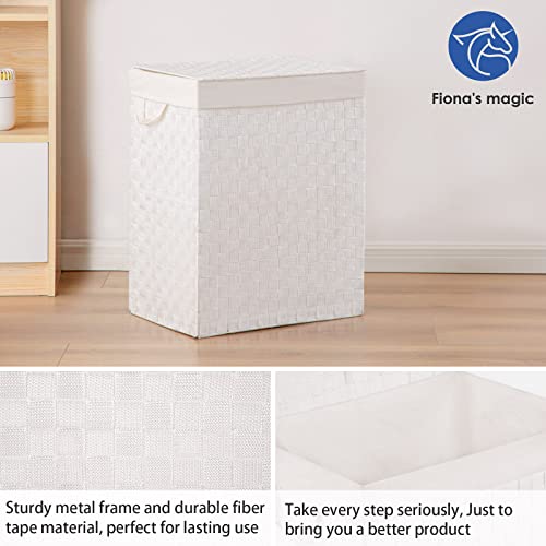 Fiona's magic Laundry Hamper Basket with Lid, Handwoven 90L Large Clothes Hamper with Removable Liner Bags, Collapsible White Tall Hamper for Bathroom, Bedroom and Dorm Room Organizer