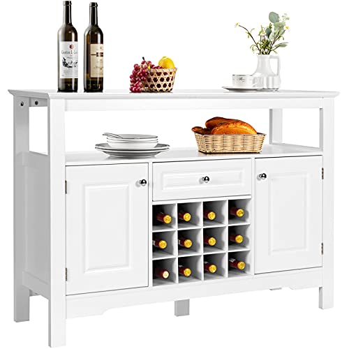 Giantex Buffet Sideboard Wood Storage Cabinet Kitchen Cupboard Dining Room Living Room Bar Furniture Console Table Pantry Credenza with Modular Wine Rack Open Shelf Drawer Cabinets, White