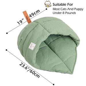 TANGN Cat Sleeping Bag , Linen Fabric Bed Cave Leaf Nest Pet Cuddle Zone Covered Hide Hood Burrowing Cozy Soft Durable Washable with Non-Slip Bottom for Indoor Puppy and Kitten (Green), PD50082