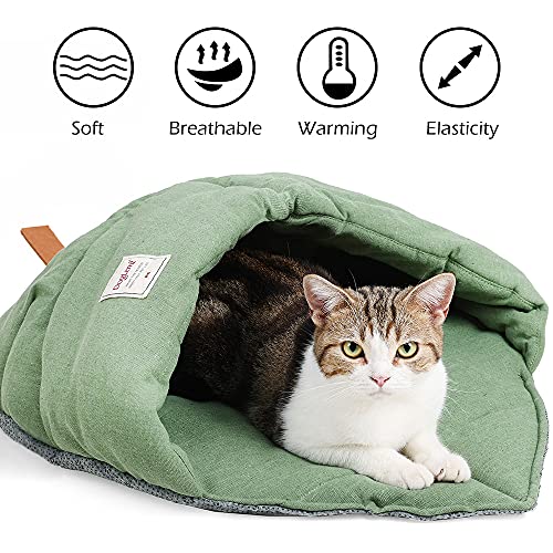 TANGN Cat Sleeping Bag , Linen Fabric Bed Cave Leaf Nest Pet Cuddle Zone Covered Hide Hood Burrowing Cozy Soft Durable Washable with Non-Slip Bottom for Indoor Puppy and Kitten (Green), PD50082