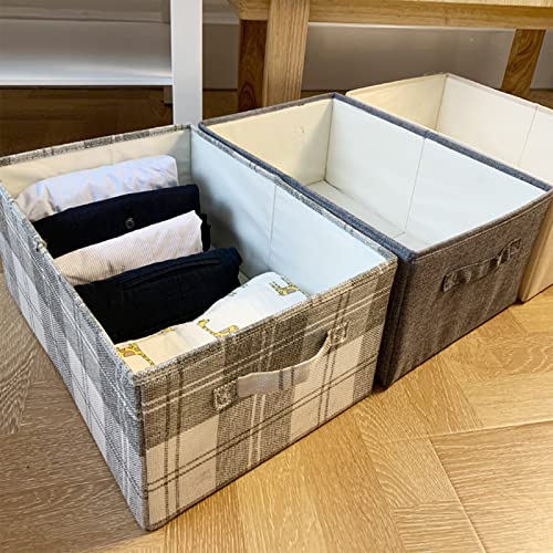 ANMINY 2PCS Storage Bins Set Foldable Cotton Linen Open Storage Basket Box with Handles Washable PP Plastic Board Plaid Pattern Decorative Nursery Baby Kid Laundry Organizer - Light Gray, Extra Large