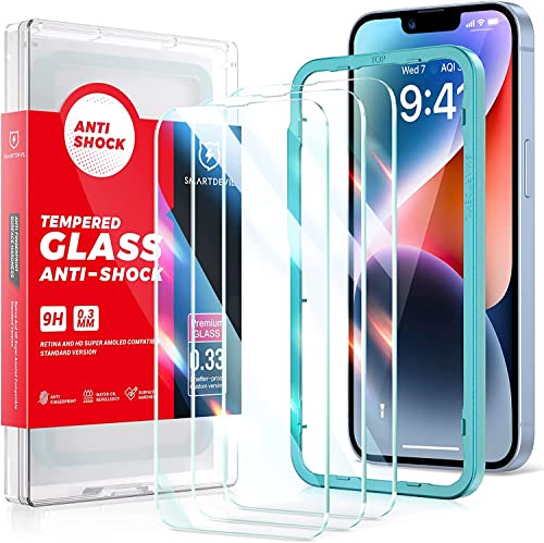 SmartDevil 3 Pack Screen Protector for iPhone 14/iPhone 13 / iPhone 13 Pro(6.1 Inch), [Easy Installation Frame][Double Military Grade Shatterproof] HD Bubble Free 9H Tempered Glass-Case Friendly