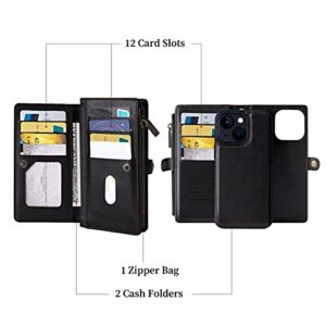 MInCYB Wallet Case Compatible with iPhone 13 Pro, Zipper Case with RFID Blocking Card Holder Slot, Magnetic Detachable Zipper Purse with Wristlet Strap, Leather Cover for iPhone 13 Pro. Black