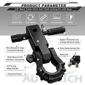 AUTMATCH Shackle Hitch Receiver 2 Inch with 3/4" Mega D Ring Shackle and 5/8" Trailer Hitch Lock Pin, 68,000 Lbs Break Strength Heavy Duty Receiver Kit for Vehicle Recovery, Gloss Black