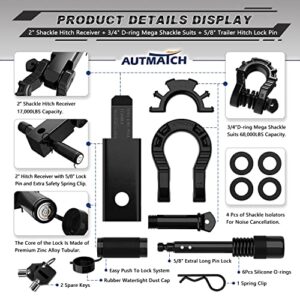 AUTMATCH Shackle Hitch Receiver 2 Inch with 3/4" Mega D Ring Shackle and 5/8" Trailer Hitch Lock Pin, 68,000 Lbs Break Strength Heavy Duty Receiver Kit for Vehicle Recovery, Gloss Black