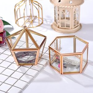 Funerom 4.1x2.5 inch Vintage Glass Jewelry Box Wedding Engagement Ring Dish DisplayTrinket Keepsake Box Hexagon Antique Gold