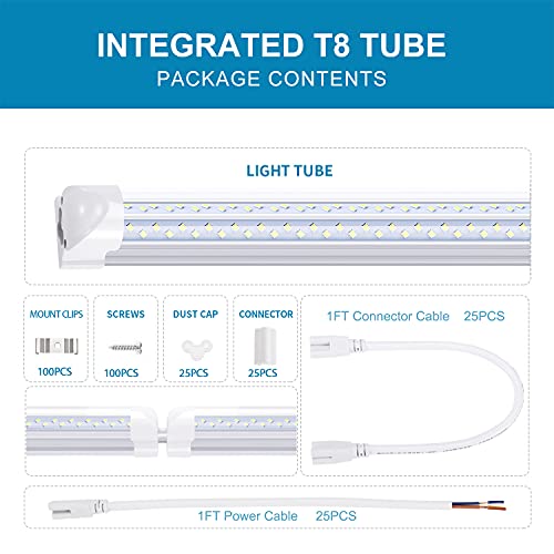 LED Shop Light Fixture, 8FT, 120W 14400LM 6000K, Cold White, V Shape, Clear Cover, High Output, Linkable Shop Lights, T8 LED Tube Lights, LED Shop Lights for Garage Warehouse 8 Foot (25-Pack)