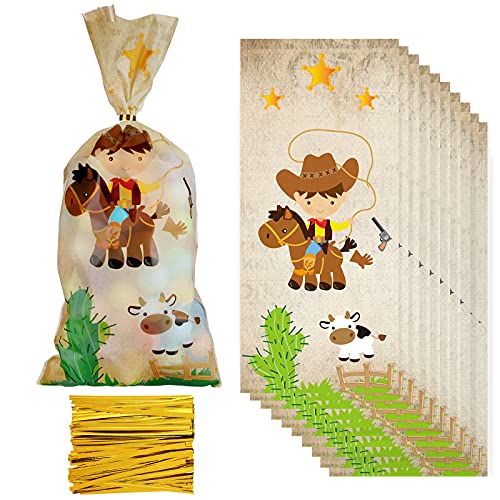 100 Pieces Cowboy Cellophane Bags West Cowboy Treat Party Bags Western Cactus Cow Horse with 150 Pieces Golden Twist Ties for Chocolate Candy Snacks Cookies Cowboy Themed Birthday Party