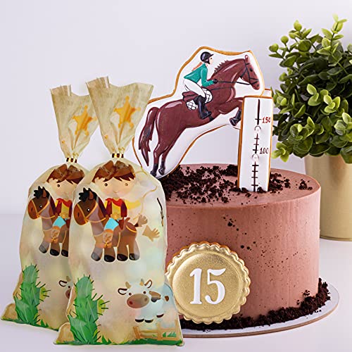 100 Pieces Cowboy Cellophane Bags West Cowboy Treat Party Bags Western Cactus Cow Horse with 150 Pieces Golden Twist Ties for Chocolate Candy Snacks Cookies Cowboy Themed Birthday Party
