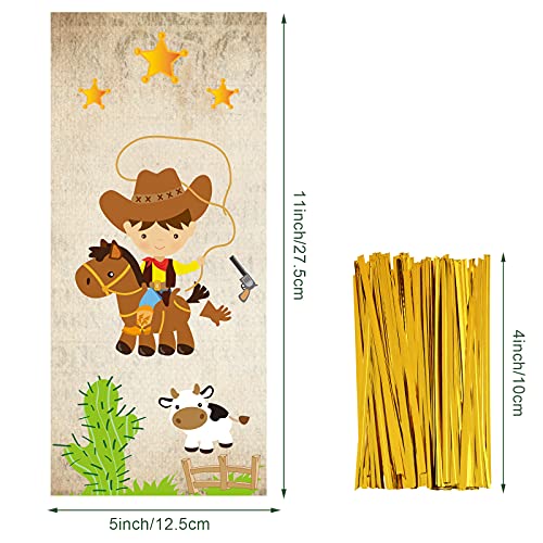 100 Pieces Cowboy Cellophane Bags West Cowboy Treat Party Bags Western Cactus Cow Horse with 150 Pieces Golden Twist Ties for Chocolate Candy Snacks Cookies Cowboy Themed Birthday Party