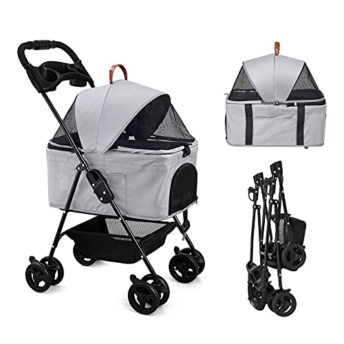 SKISOPGO Dog Cat Pet Gear 3-in-1 Foldable Pet Stroller Detachable Carrier, Car Seat and Stroller with Push Button Entry for Small Pets (Gray)